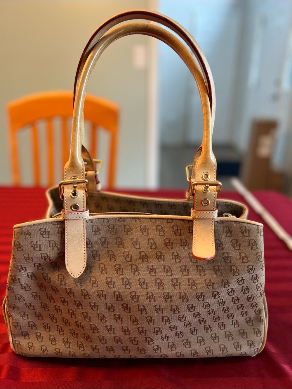 Dooney & Bourke Beige Monogram Shoulder Bag with Tan Trim